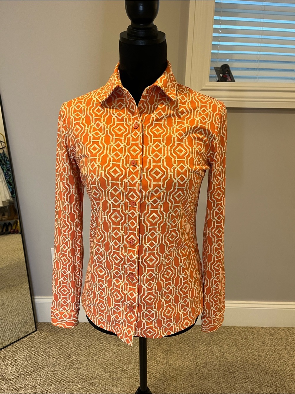 J. McLaughlin Catalina Orange Geometric Button-Down Shirt- extra small